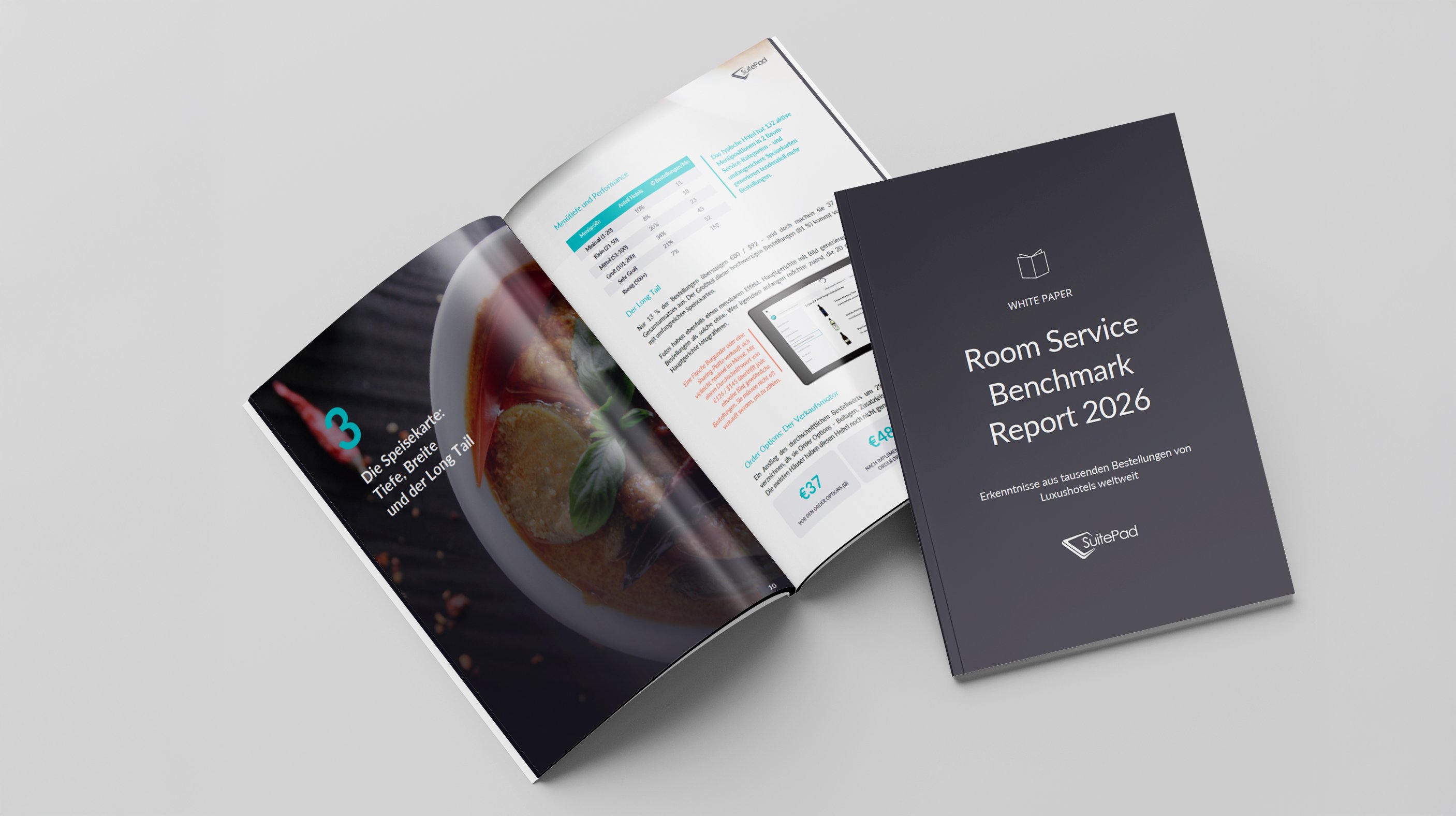 „Room Service Benchmark Report 2026“ auf einem Whitepaper-Broschüren-Mockup vor hellgrauem Hintergrund