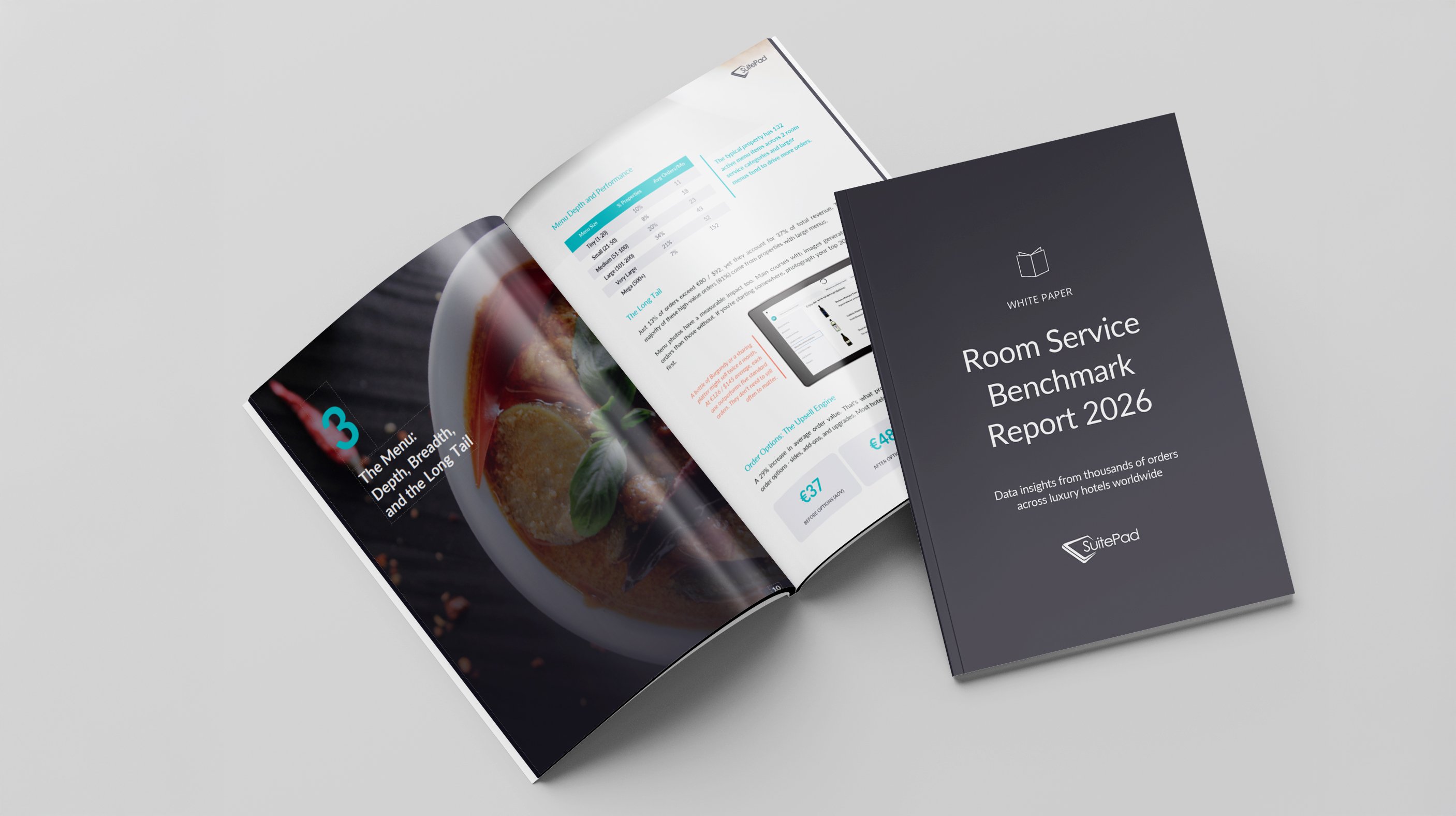 Room Service Benchmark Report 2026 on a whitepaper booklet mock up against a light grey background