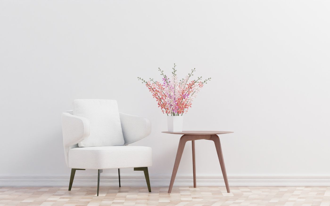Minimalistic chair and table setup with flowers