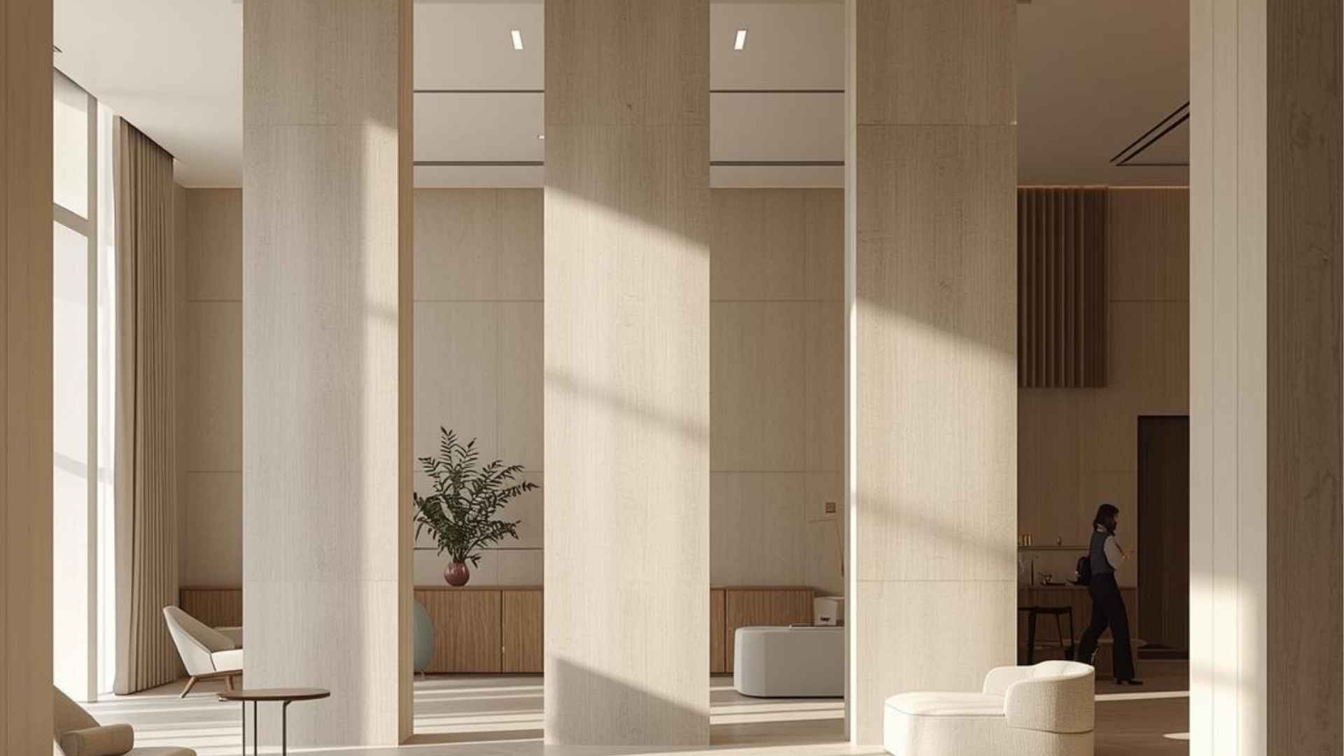 Drei Säulen in einer Hotellobby, die Integration, die Anpassung an die Gäste und die Zielsetzung im Rahmen einer KI-Strategie für die Hotellerie symbolisieren