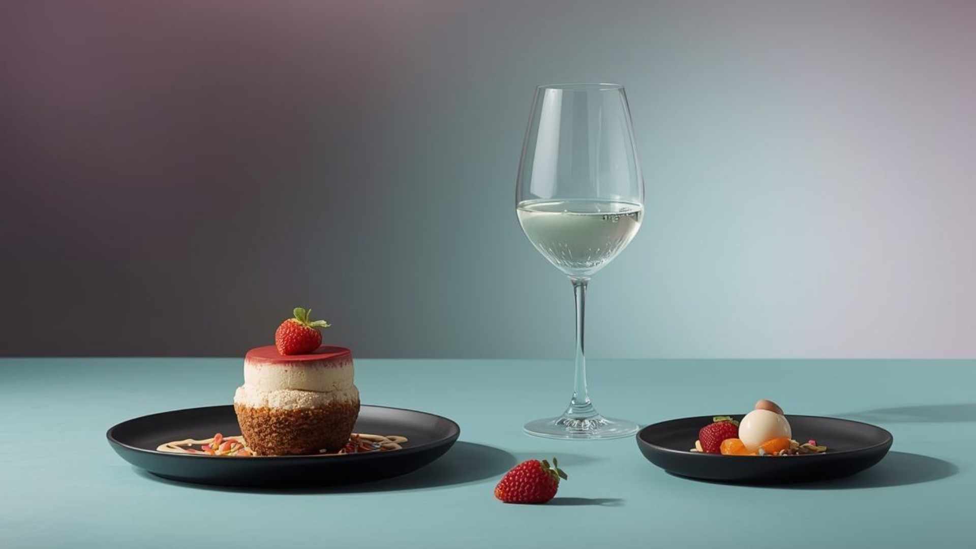 A spread of room service items on a blue colored table with a lilac color background